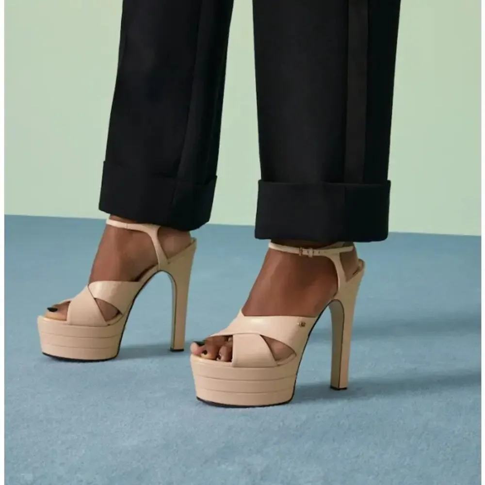 Gucci Angel Light Pink Leather Crisscross GG Platform High Heel Sandals IT 40